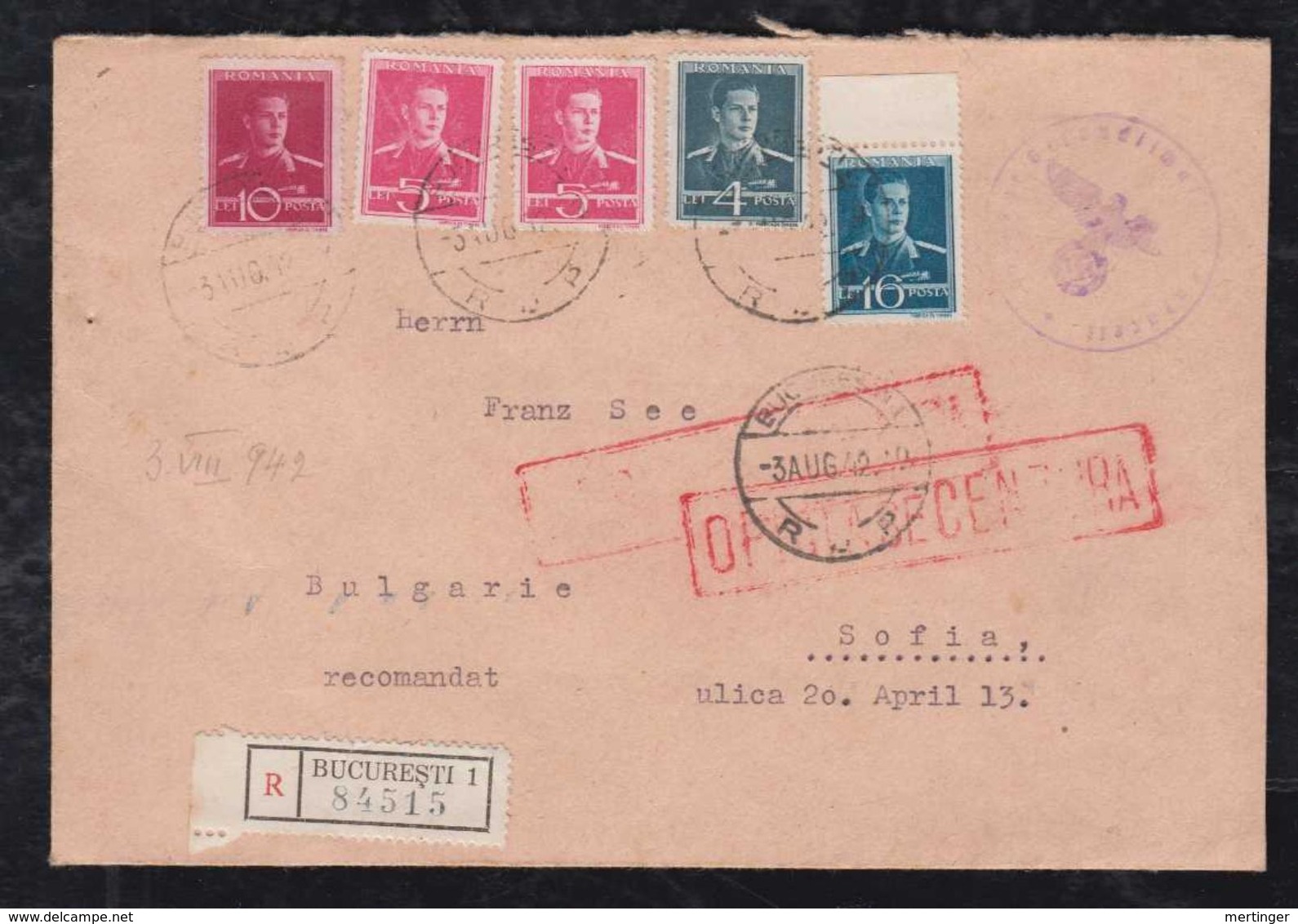 Rumänien Romania 1942 Registered Censor Cover To SOFIA Bulgaria German Embassy - Briefe U. Dokumente
