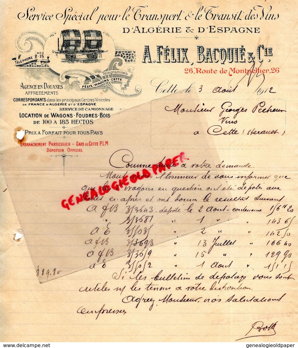 34- CETTE - SETE- RARE LETTRE MANUSCRITE SIGNEE- A. FELIX BACQUIE-SERVICE TRANSPORT VINS ALGERIE ESPAGNE-1912 - Transports