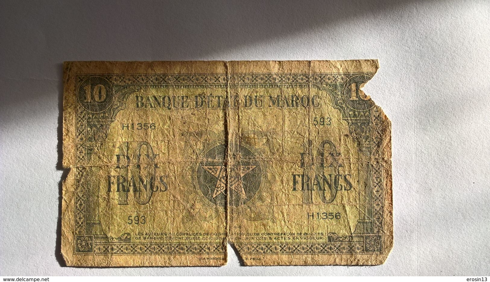 BILLETS - MAROC - 10 Francs. Banque D'état Du Maroc.  1-3-1944 - Morocco