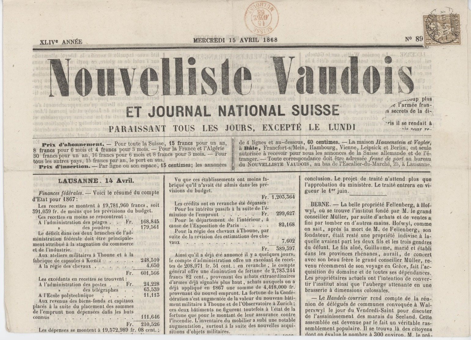 Nouvelliste Vaudois 1868 Cachet D'entrée Suisse Mulhouse - Briefe U. Dokumente