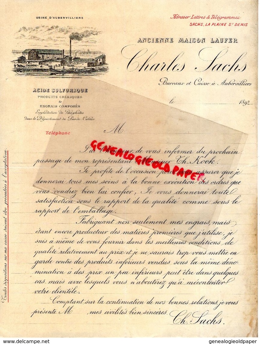 93- LA PLAINE ST SAINT DENIS- AUBERVILLIERS- RARE LETTRE CHARLES SACHS- MAISON LAUFER-ACIDE SULFURIQUE-1892 - Artesanos