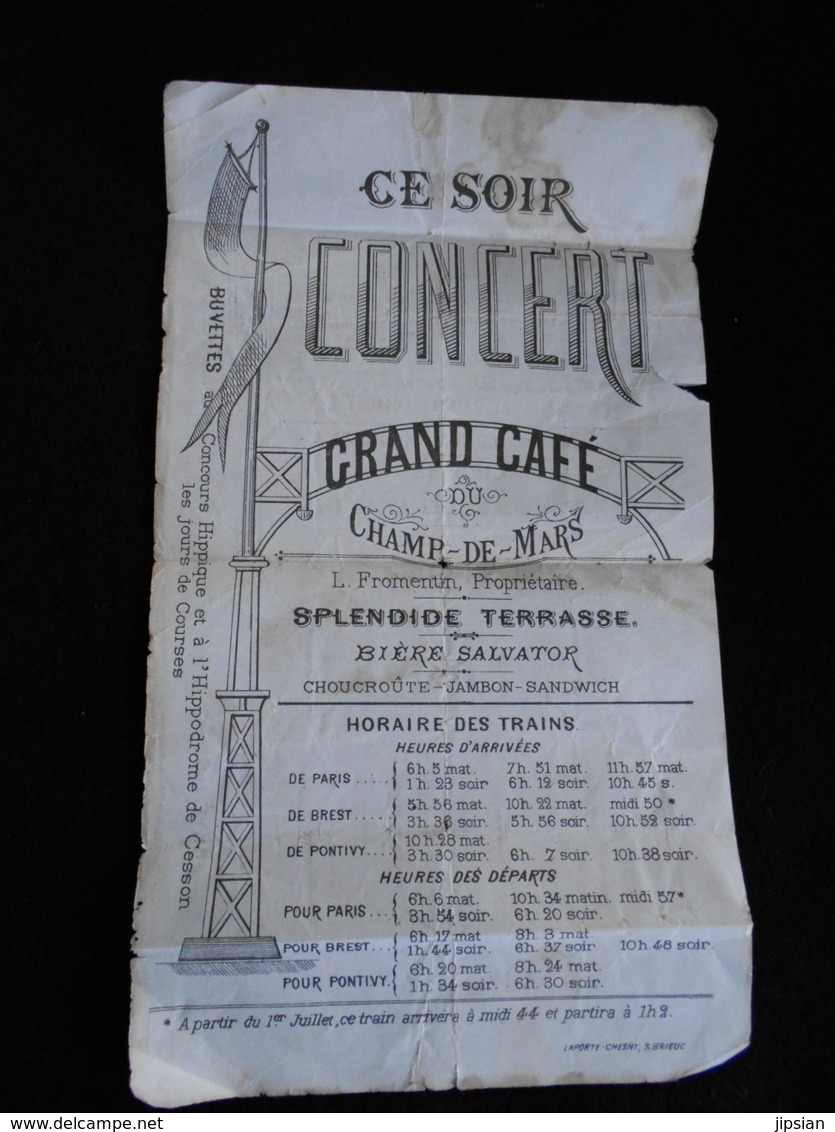 Programme Concert Grand Café Du Champ De Mars à Saint Brieuc Circa 1900  MARS18-11 - Programmes