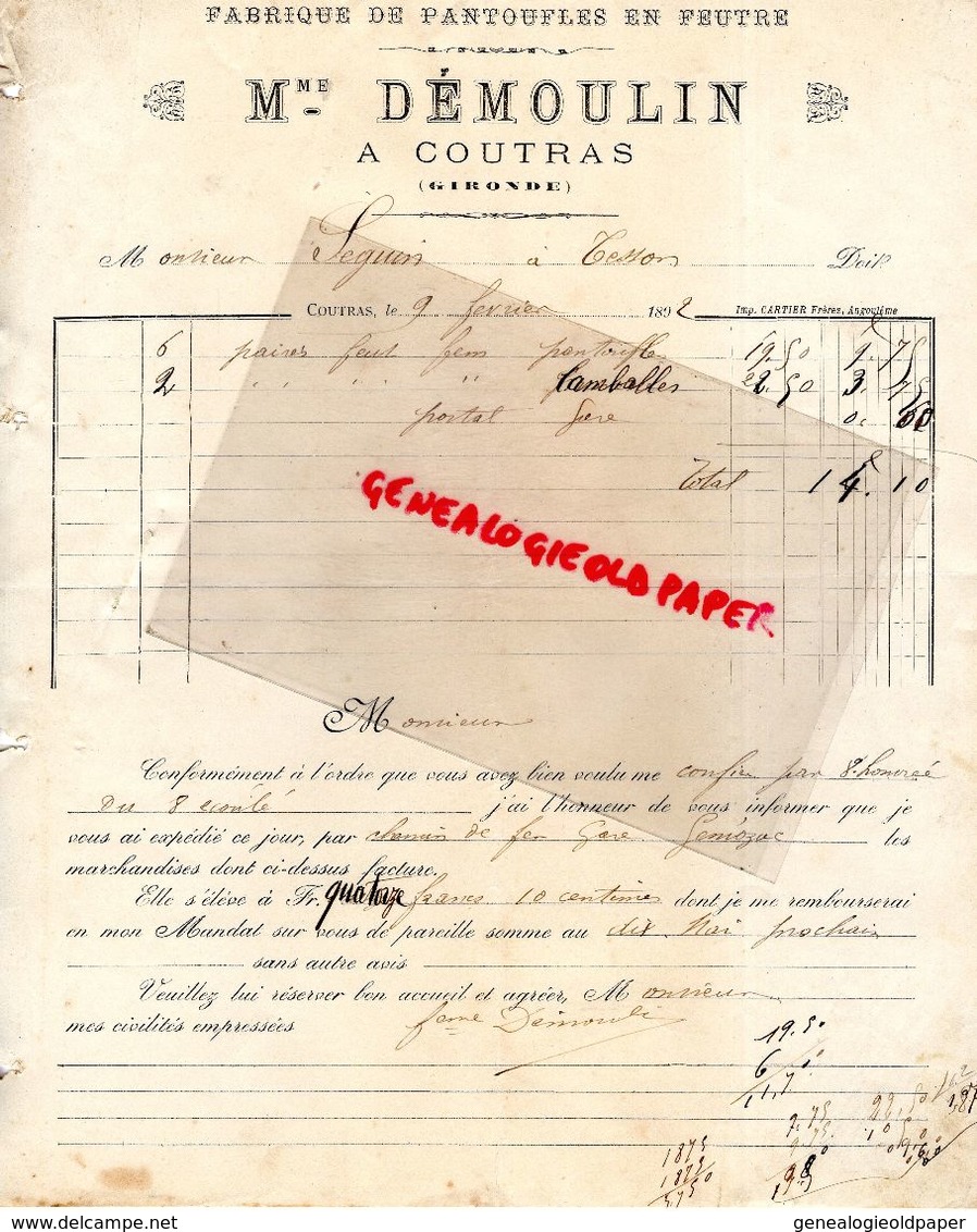 33- COUTRAS- GIRONDE- FACTURE MME DEMOULIN-FABRIQUE PANTOUFLES EN FEUTRE- 1892 - 1800 – 1899