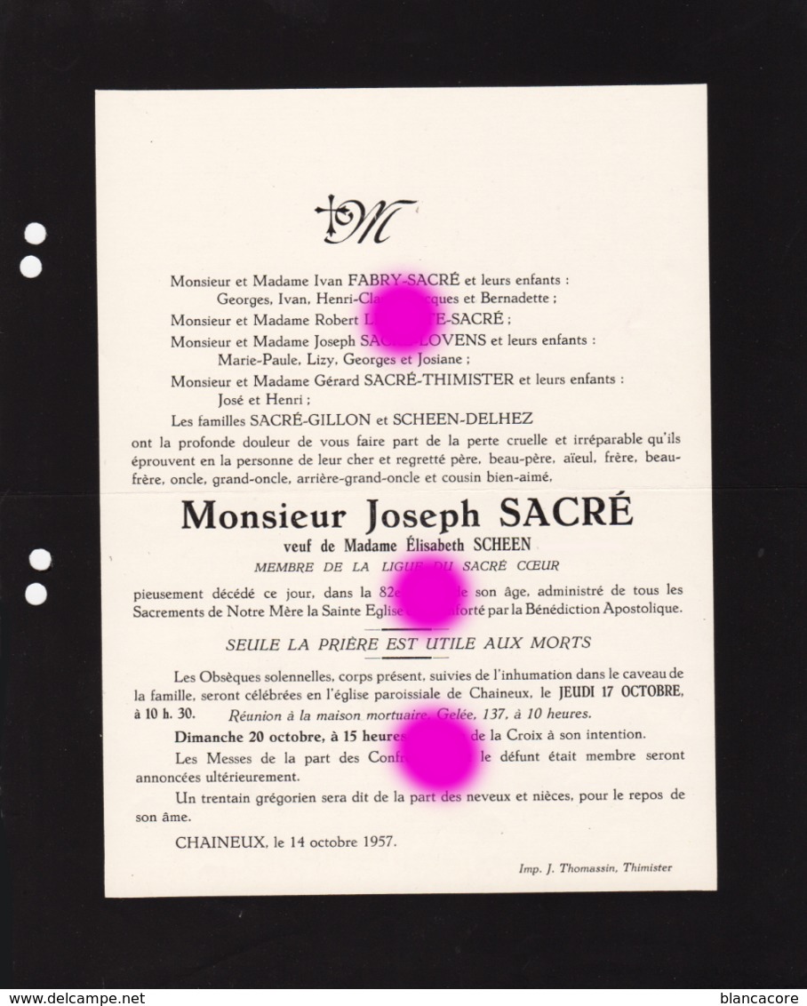 CHAINEUX ( Herve ) 1957 Mr JOSEPH SACRE Veuf SCHEEN - Esquela