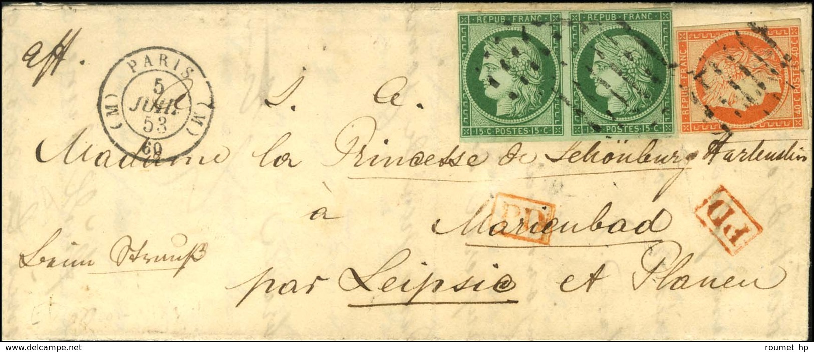 Rouleau De Gros Points / N° 2 Paire Verte Foncée + 5 Càd (M) PARIS (M) 60 Sur Lettre Avec Texte Pour Marienbad Par Leips - 1849-1850 Ceres