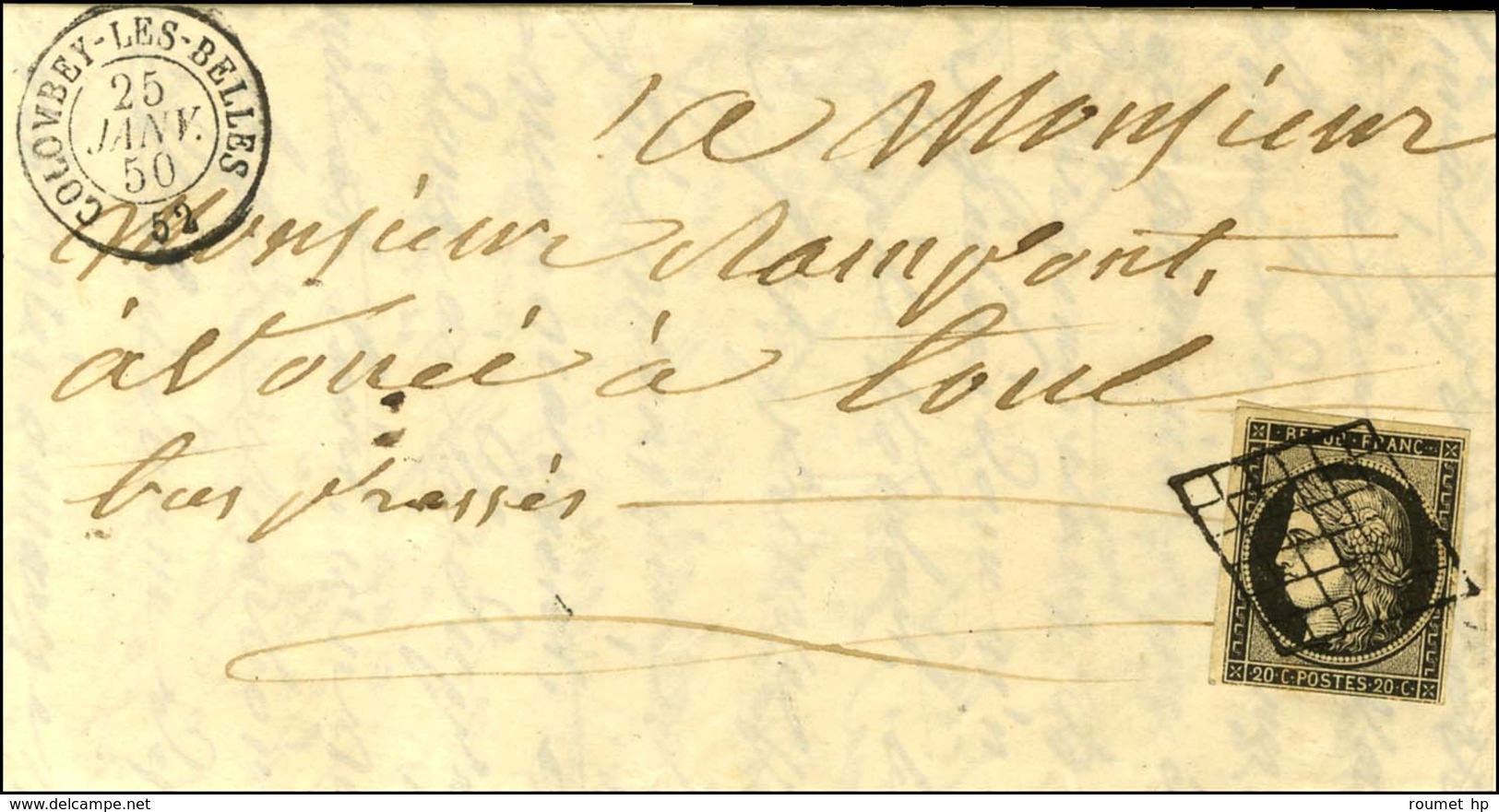 Grille / N° 3 Càd T 15 COLOMBEY-LES-BELLES 52 Sur Lettre Avec Texte Pour Toul. 1850. - SUP. - 1849-1850 Ceres