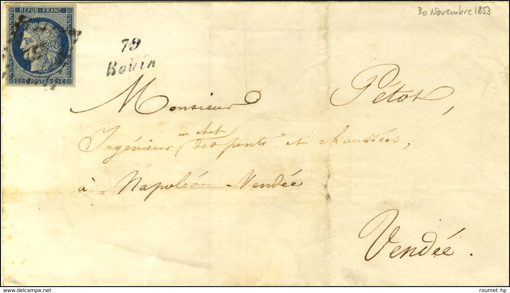 PC 452 / N° 4 Cursive 79 / Bouin Sur Lettre Pour Napoléon Vendée. Au Verso, Càd D'arrivée 1853. - TB / SUP. - R. - 1849-1850 Ceres