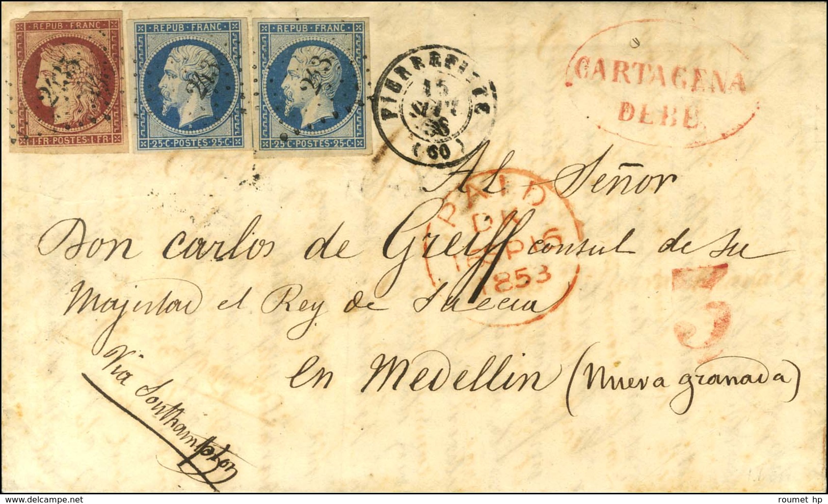 PC 2435 / N° 6 + 10 (2) Càd PIERREFITTE (60) Sur Lettre Adressée à Medellin (Nueva Granada). Au Recto, Cachet Rouge CART - 1852 Luis-Napoléon