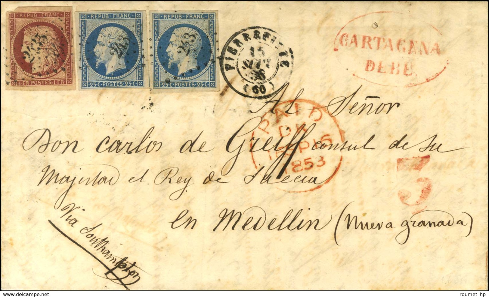 PC 2435 / N° 6 + 10 (2) Càd PIERREFITTE (60) Sur Lettre Adressée à Medellin (Nueva Granada). Au Recto, Cachet Rouge CART - 1852 Louis-Napoleon