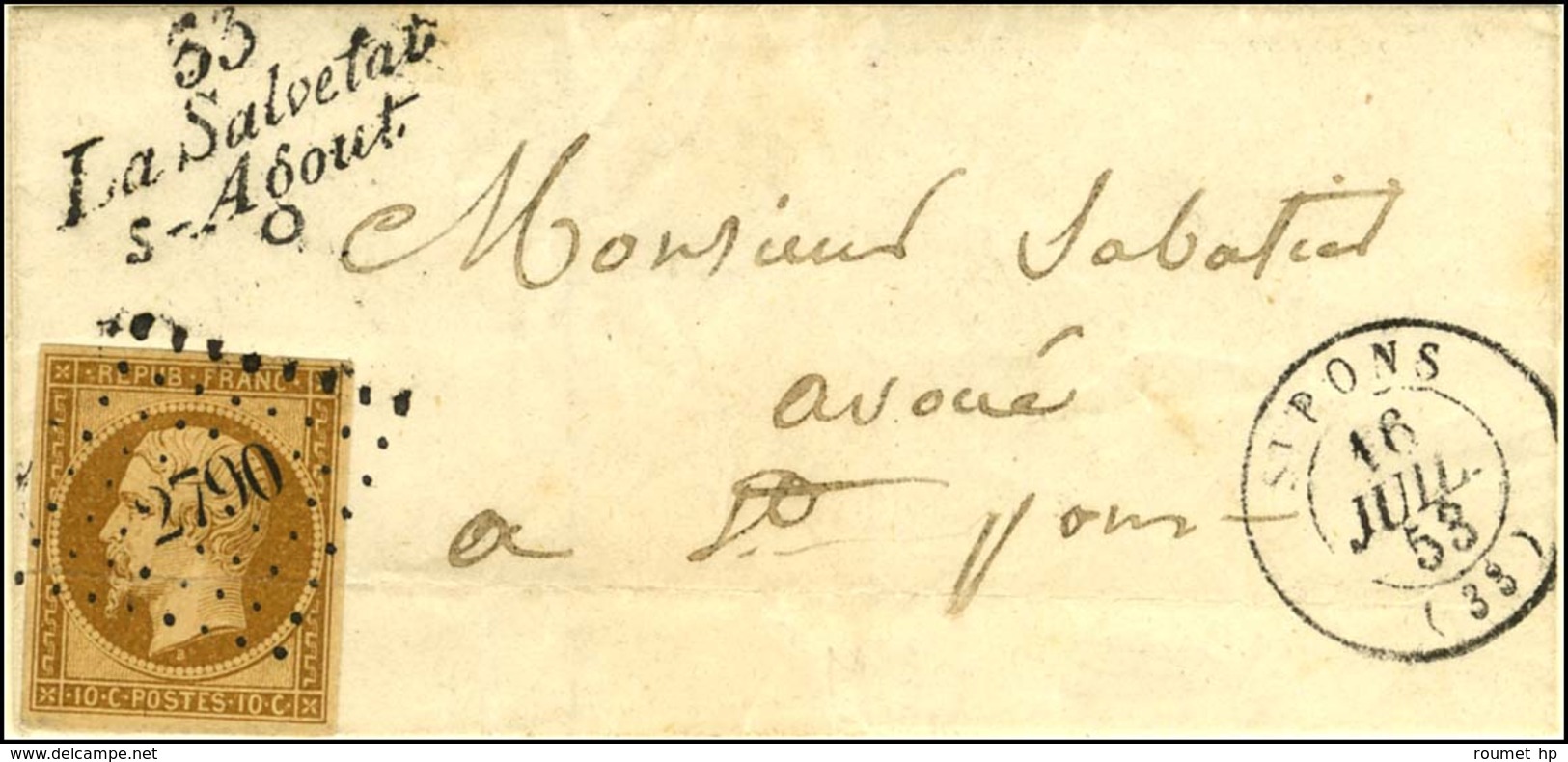 PC 2790 / N° 9 Bistre Brun Foncé (léger Pli) Càd ST PONS (33) Cursive 33 / La Salvetat / S-Agout. 1853. - TB / SUP. - R. - 1852 Louis-Napoleon