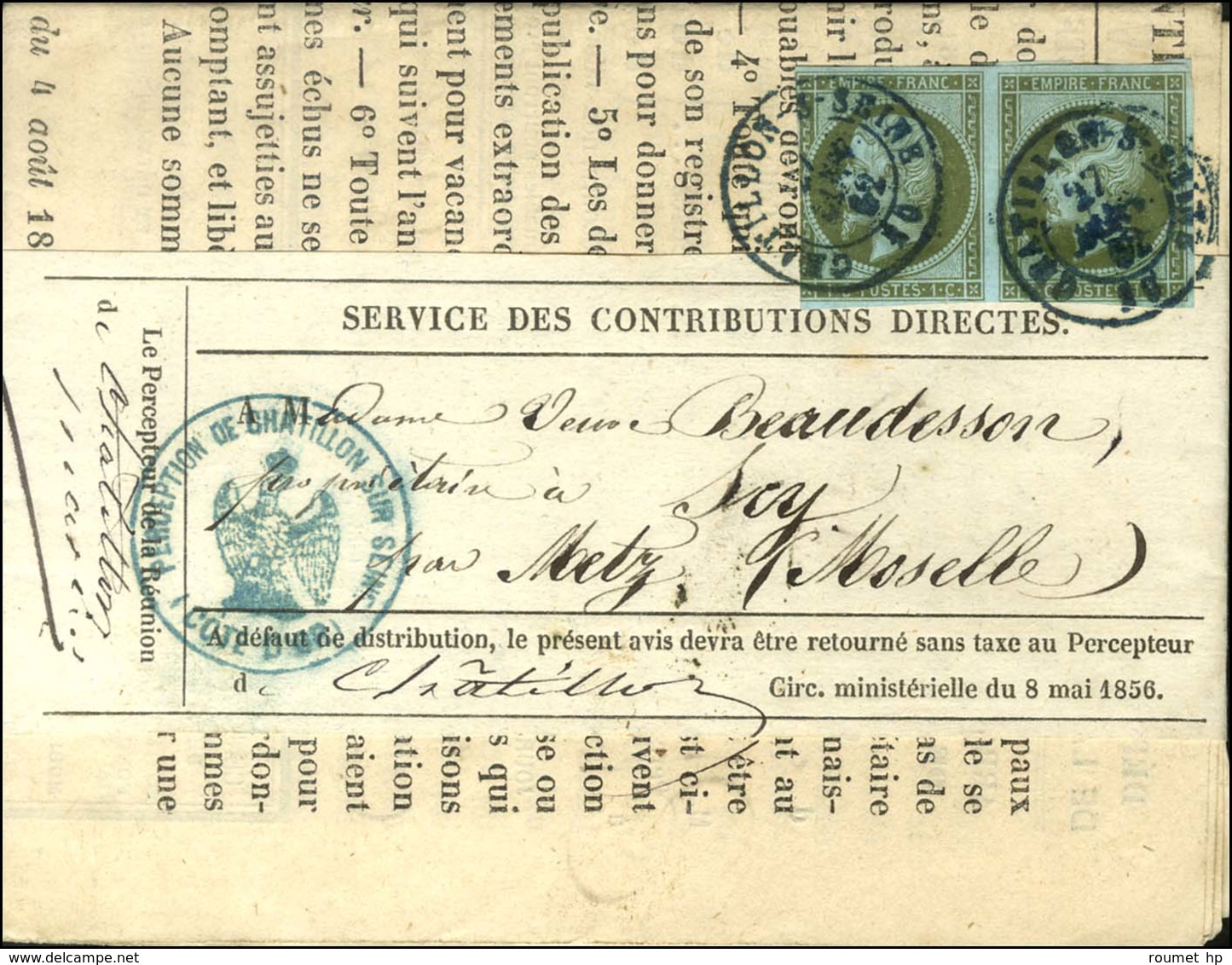 Càd T 15 Bleu CHATILLON-S-SEINE 20 / N° 11 (1 Ex Pd) Sur Imprimé Complet Sous Bande Pour Scy Près Metz (Moselle). Au Ver - 1853-1860 Napoléon III