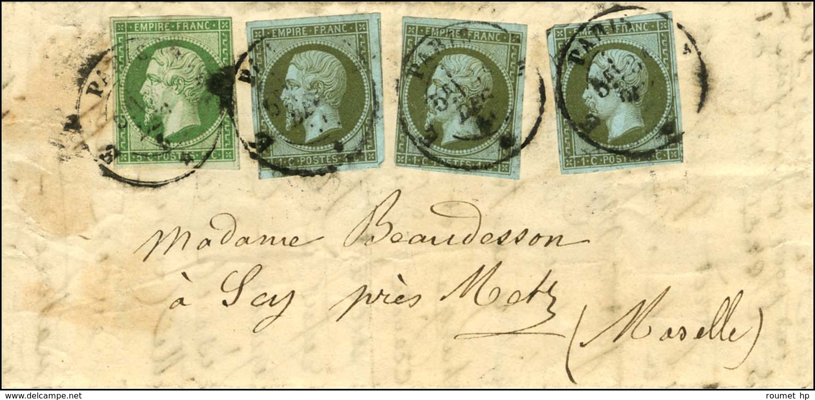 E PARIS E / N° 11 (3) (1 Ex Infime Def) + 12 (léger Pli) Sur Bande D'imprimé Pour Scy Près Metz. 1862. Bel Affranchissem - 1853-1860 Napoleon III