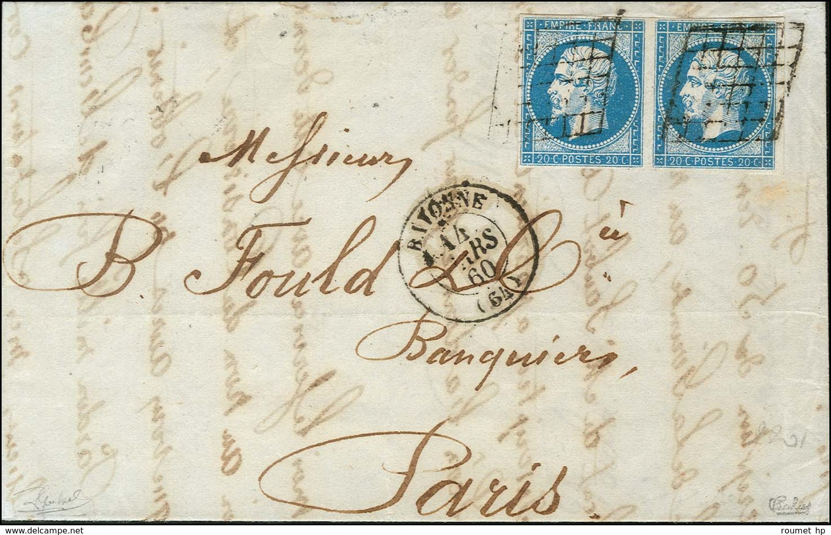 Grille / N° 14 Paire Càd T 15 BAYONNE (64) Sur Lettre 2 Ports Pour Paris. 1860. - TB / SUP. - R. - 1853-1860 Napoléon III