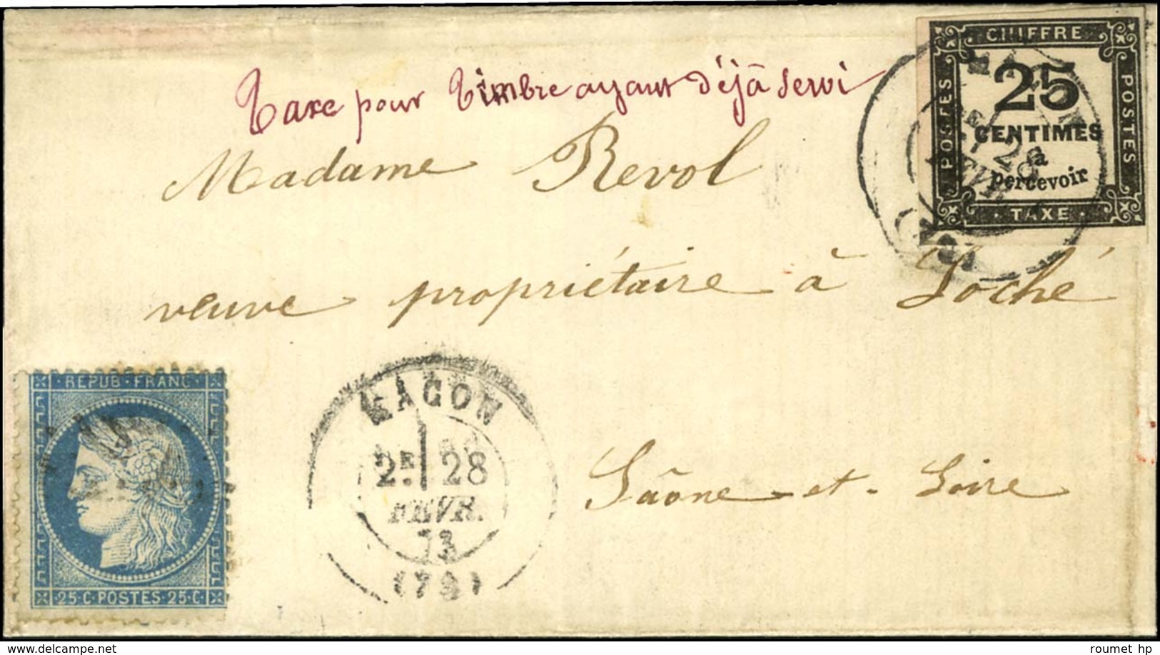 Càd T 17 MACON (70) / Taxe N° 5 + GC / N° 60 Sur Lettre Taxée Pour Timbre Poste Ayant Déjà Servi Avec Dossier De Saisie  - 1859-1959 Cartas & Documentos