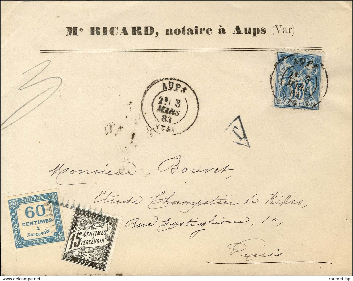 Càd T 17 AUPS (78) / N° 90 Sur Lettre 3 Ports Insuffisamment Affranchie Taxée 75c. Taxe N° 8 + 16 Obl. Triangle à Paris. - 1859-1959 Covers & Documents