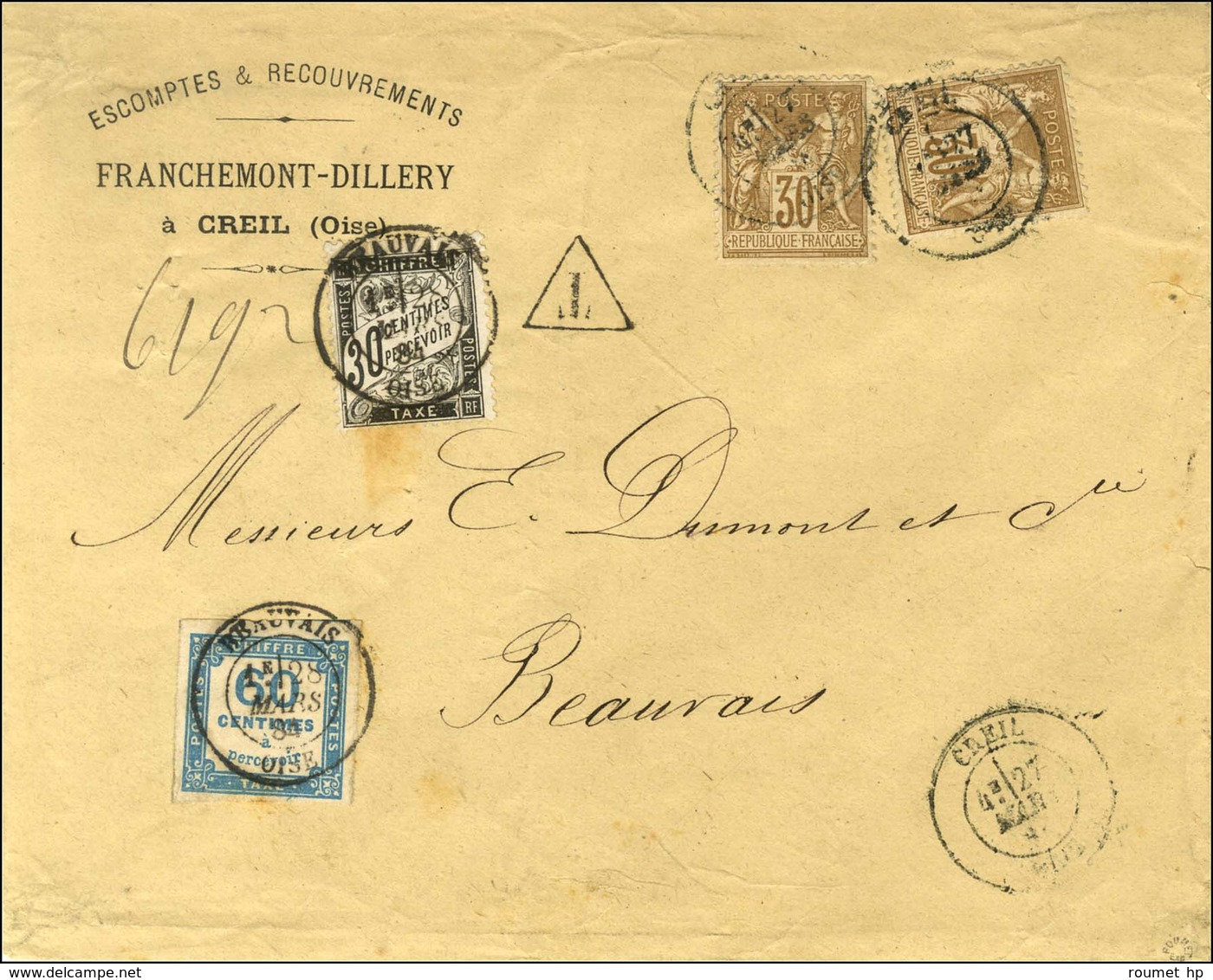 Càd T 18 CREIL / OISE / N° 80 (2) Sur Lettre 5 Ports Insuffisamment Affranchie Pour Beauvais, Timbres-taxe N° 8 + 18 Obl - 1859-1959 Covers & Documents