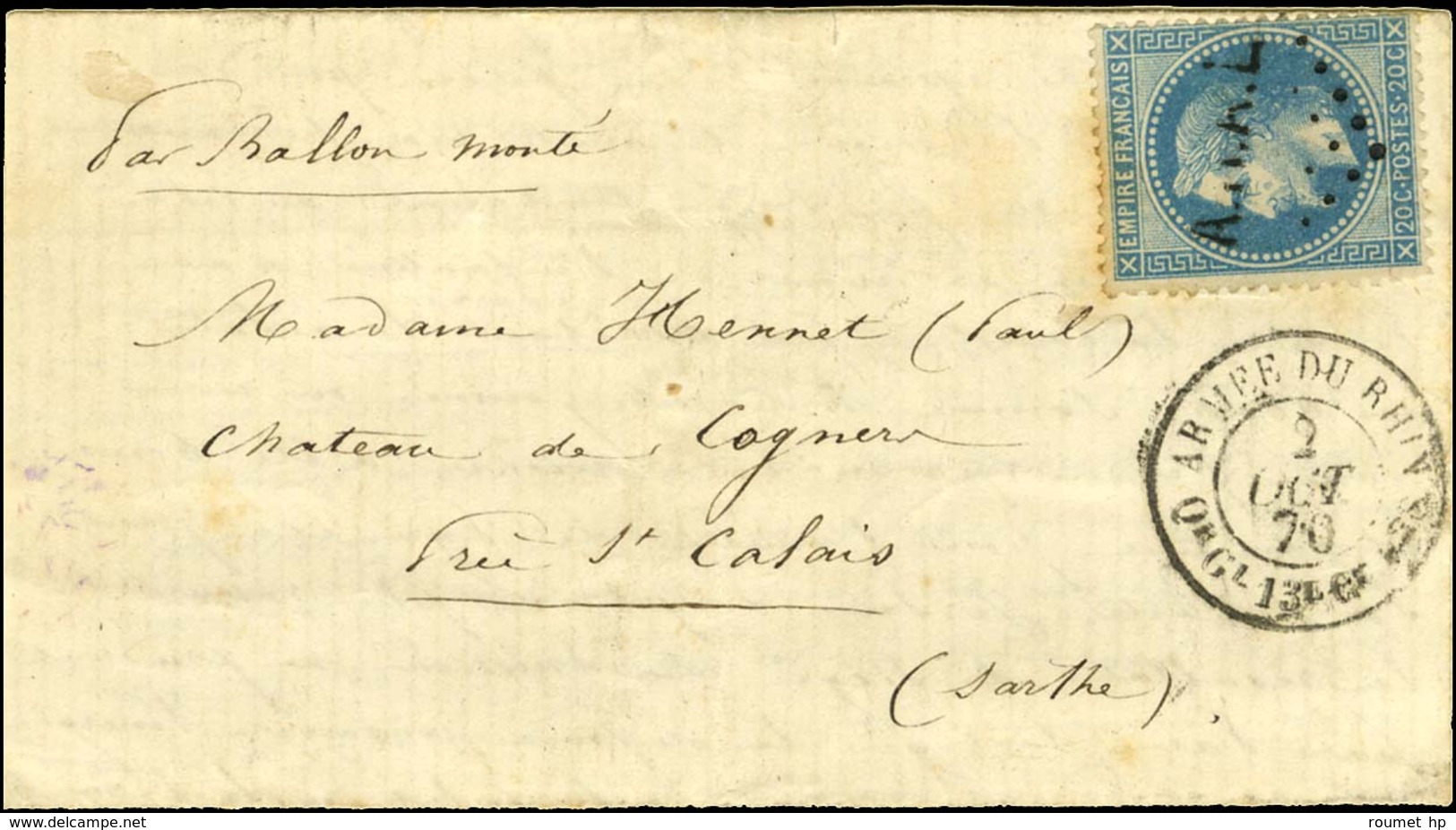 Losange ARAL / N° 29 Càd ARMEE DU RHIN / Qr Gl 13e CORPS 2 OCT. 70 Sur Lettre Avec Texte Daté Du 30 Septembre 1870 Pour  - Guerra De 1870