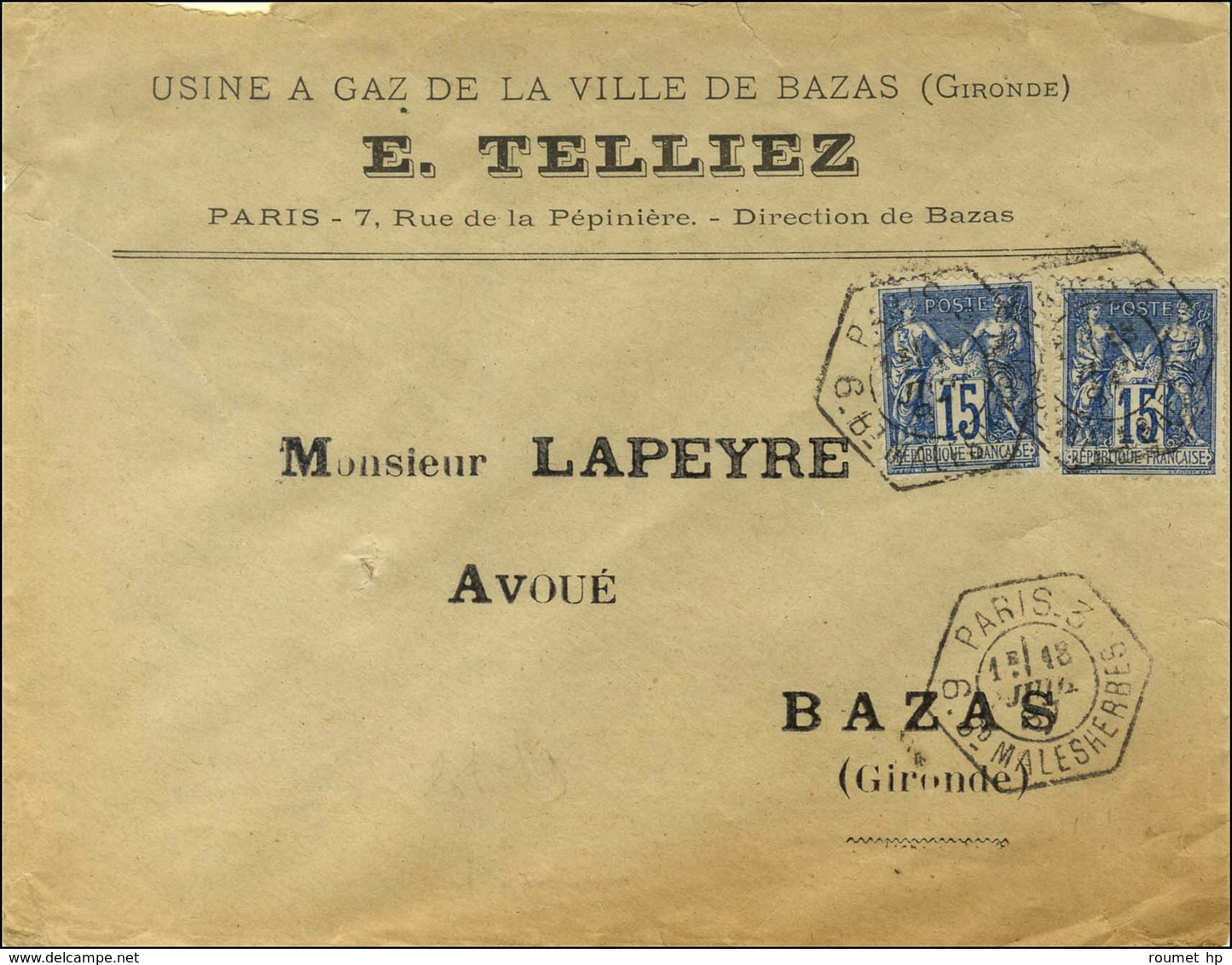 Càd Hexa De Lev. Exp. PARIS 3 / 6 BD MALESHERBES 1e / N° 90 (2). 1887. - TB. - Otros & Sin Clasificación