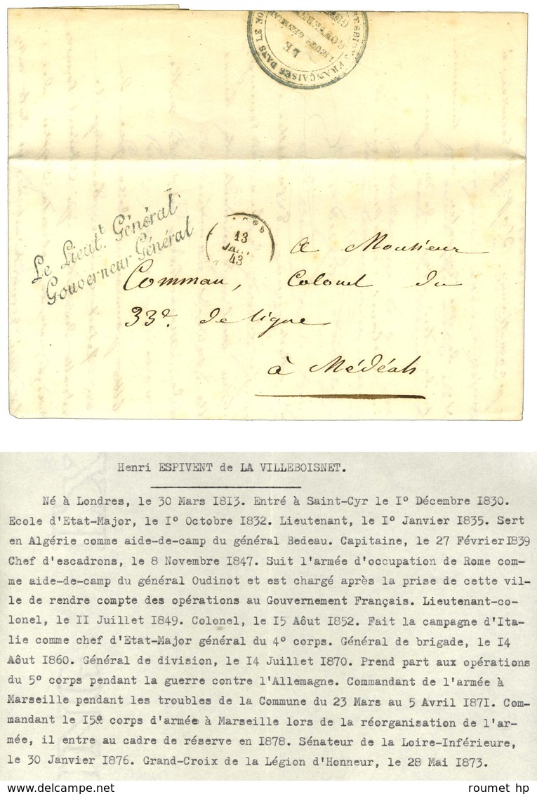 Càd ALGER / ALGERIE Sur Lettre Avec Texte Daté D'Alger 1843 à En-tête Du Gouvernement Général De L'Algérie Signée Du Gén - Other & Unclassified