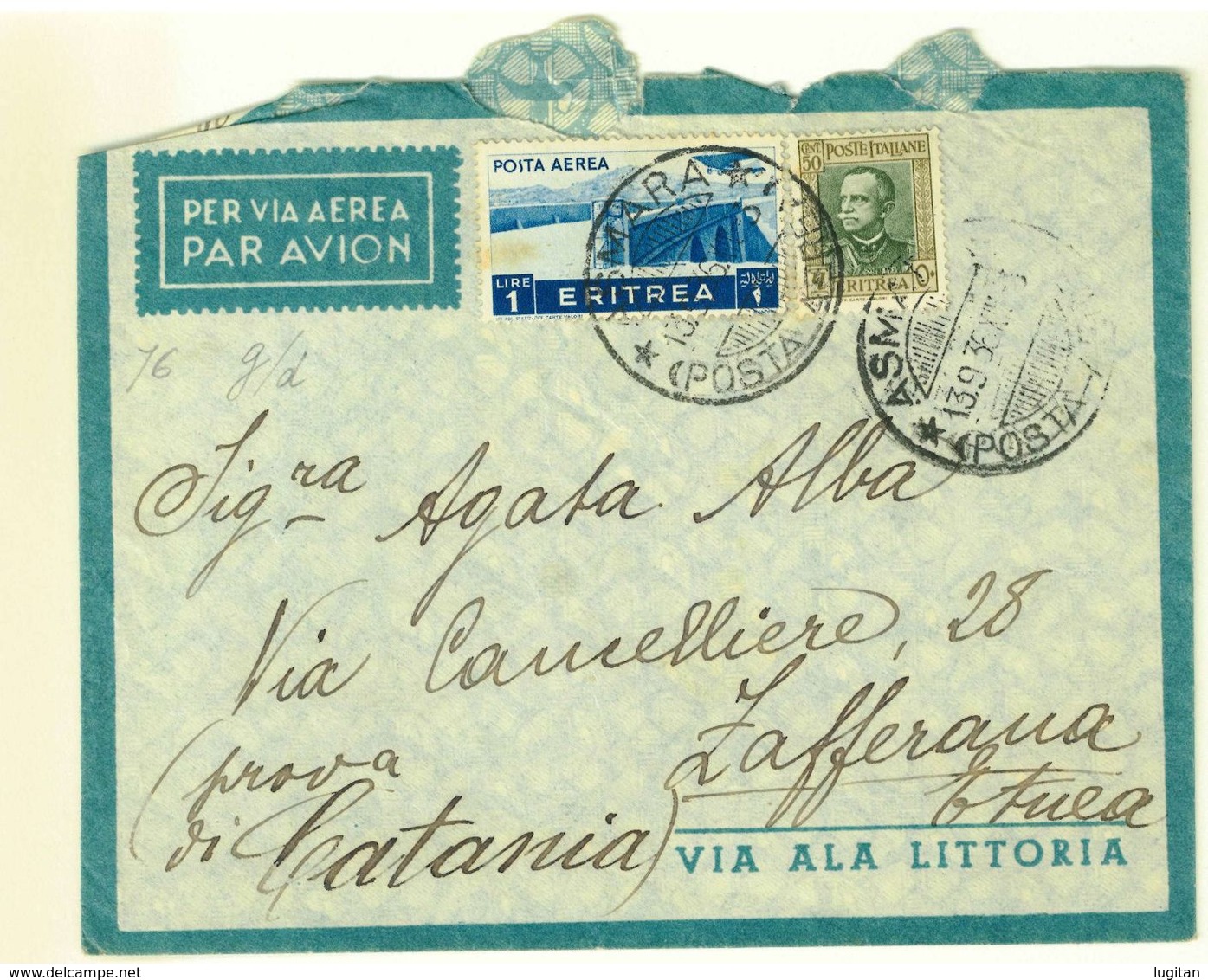 ERITREA - 1936 - LETTERA DA ASMARA PER ZAFFERANA  ETNEA - VIA AEREA - Eritrea