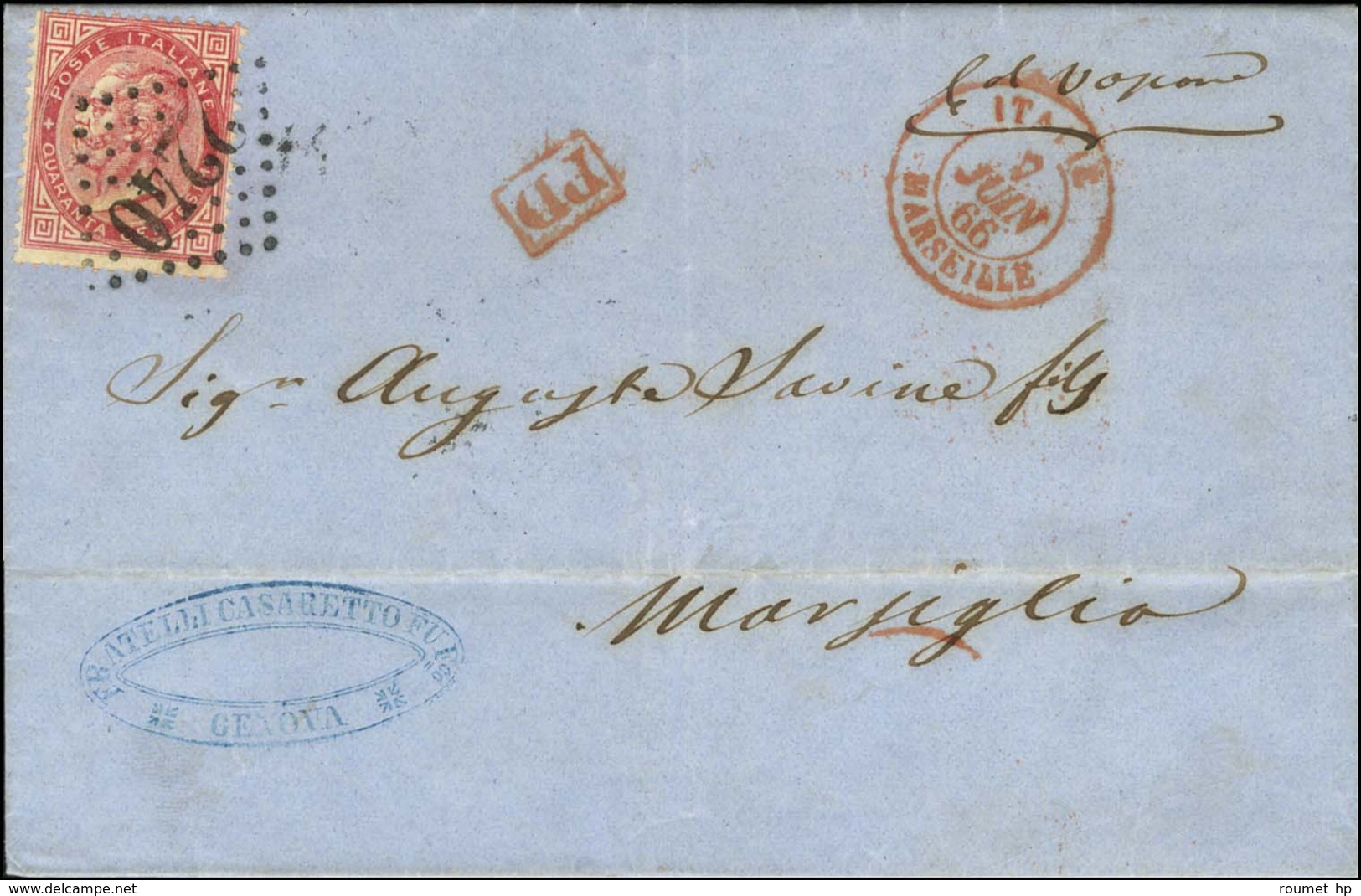 GC 2240 / Italie 40c Càd Rouge ITALIE / MARSEILLE Sur Lettre De Gènes Pour Marseille. 1866. - SUP. - Correo Marítimo