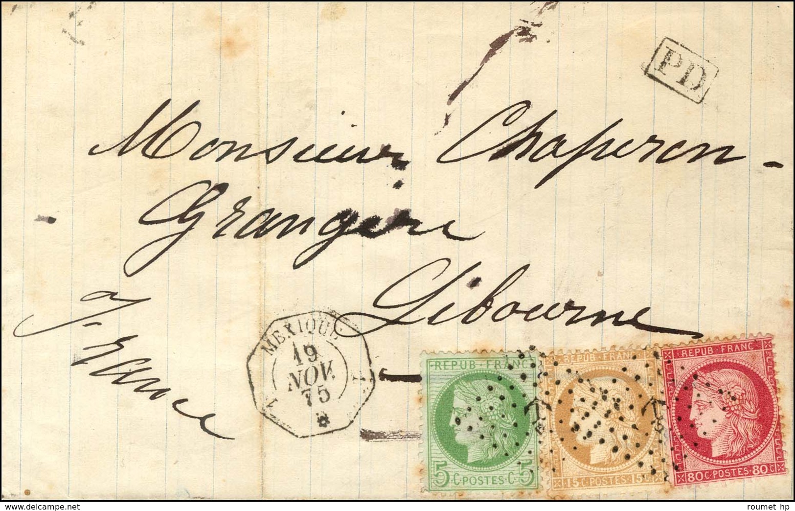 Ancre / N° 53 + 57 + 59 Càd Octo 1 Mexique 1 Sur Lettre Pour Libourne. 1875. Bel Affranchissement Tricolore. - TB / SUP. - Correo Marítimo