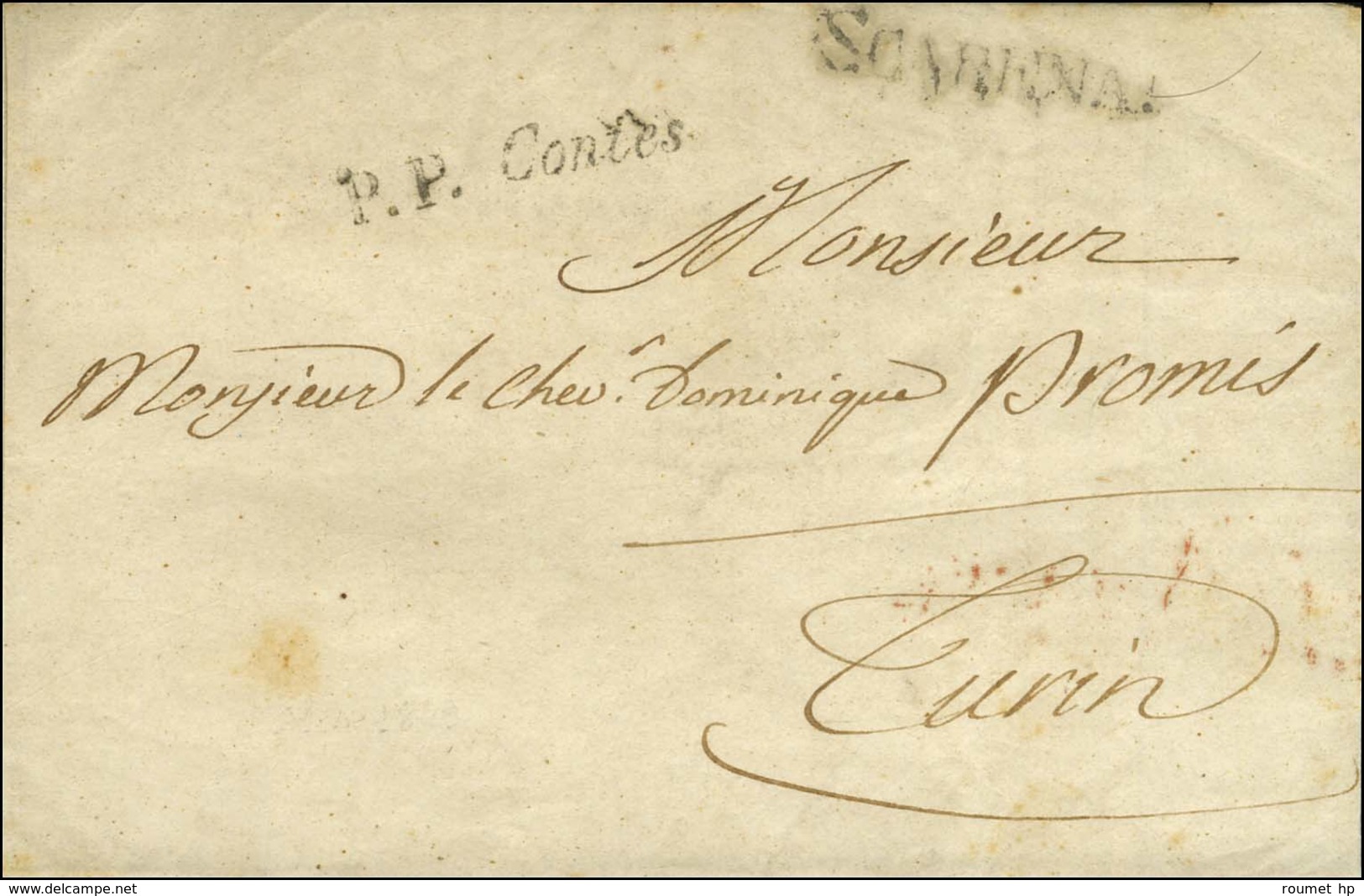 Cursive Contes P.P. Sur Lettre Pour Turin. Au Recto, MP De Passage SCARENA 21 4 49. - TB / SUP. - R. - Otros & Sin Clasificación