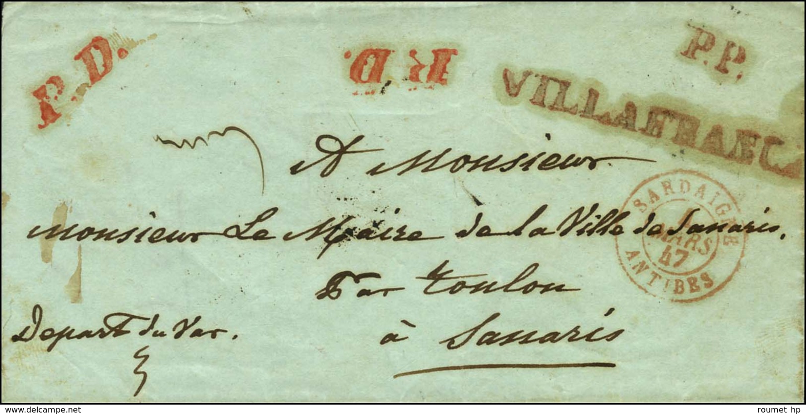 P.P. Rouge / VILLAFRANCA Rouge Sur Lettre Adressée à Toulon. Au Recto, Càd D'entrée Rouge SARDAIGNE / ANTIBES. 1847. - T - Andere & Zonder Classificatie