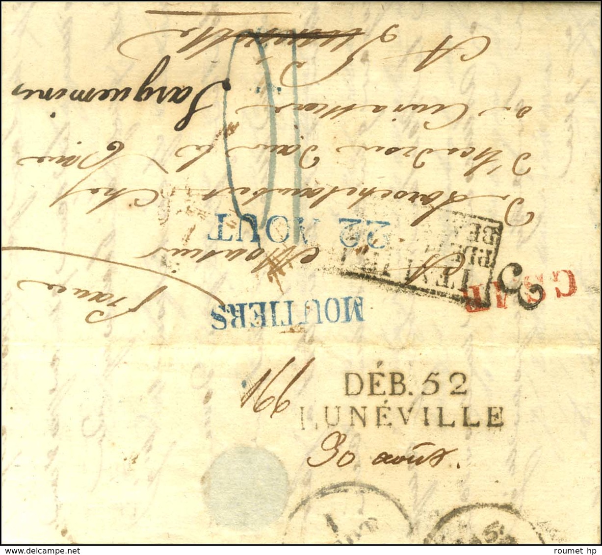 DEB. 52 / LUNEVILLE Sur Lettre Avec Texte Daté De Brides Le 20 Août 1829. Au Recto, MP Bleue MOUTIERS / 22 AOUT. Rare As - Otros & Sin Clasificación