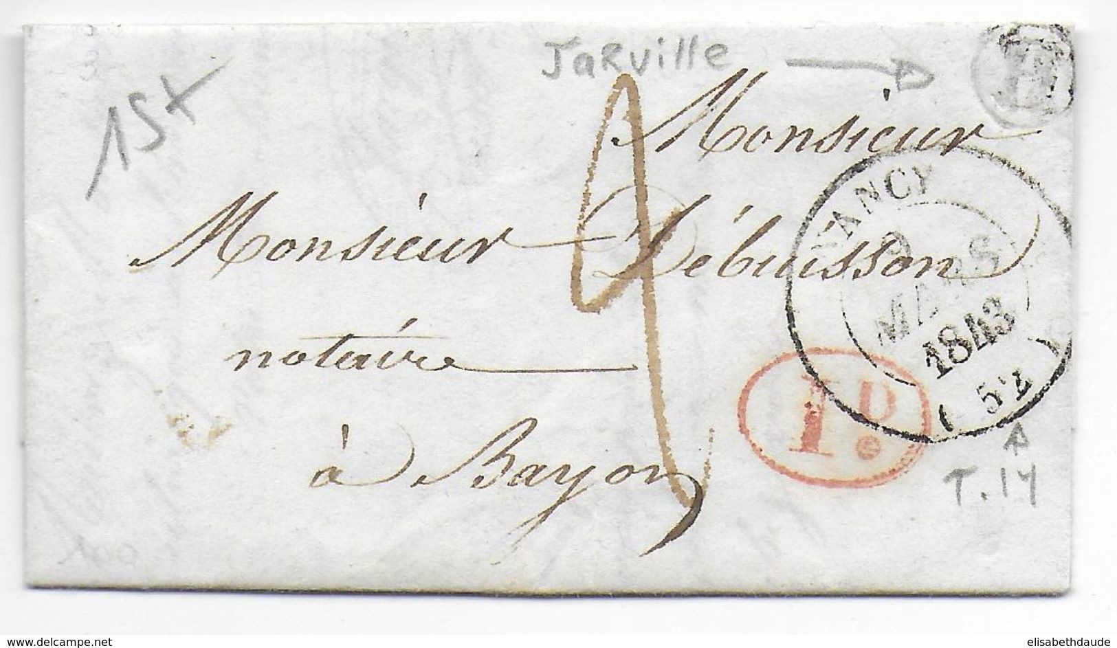 1843 - MEURTHE ET MOSELLE - LETTRE TRES PETIT FORMAT 90x50 De JARVILLE Avec BOITE RURALE "B" + T14 De NANCY => BAYON - 1801-1848: Precursori XIX