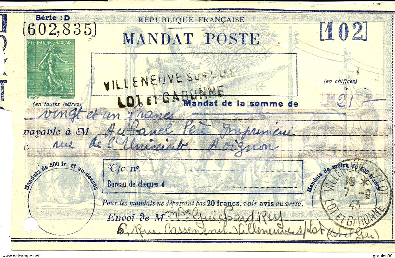 MANDAT POSTE M2 Au Type Semeuse Sans Valeur -Griffe Et Cachet De VILLENEUVEsur LOT(Lot Et Garonne)- 1943 -RRR - Autres & Non Classés