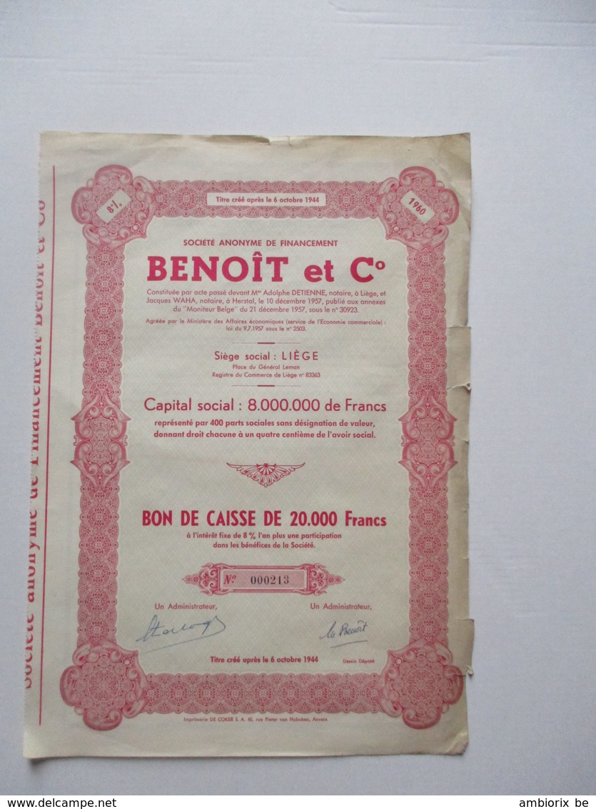 Benoît Et C° - Bon De Caisse De 20000 Francs Belges - Banca & Assicurazione