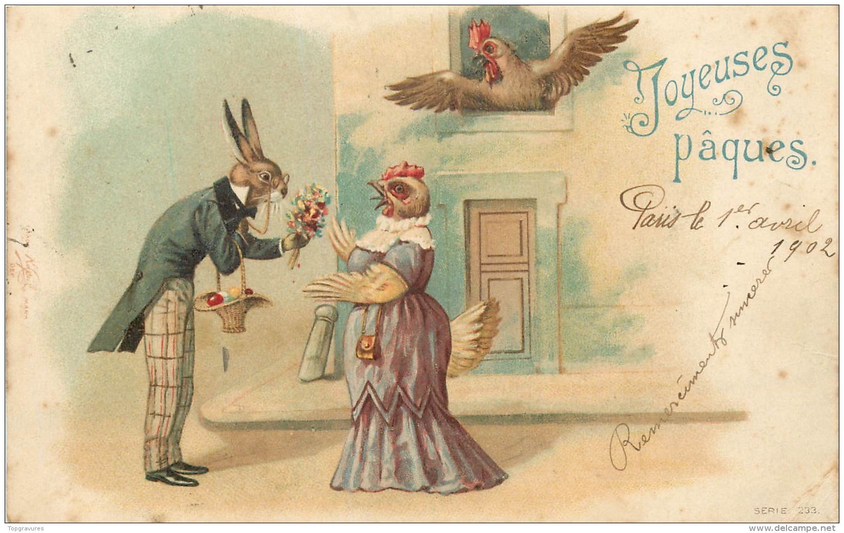 CP ILLUSTREE JOYEUSES PAQUES LIEVRE EN COSTUME OFFRANT BOUQUET A DAME POULE - Animaux Habillés