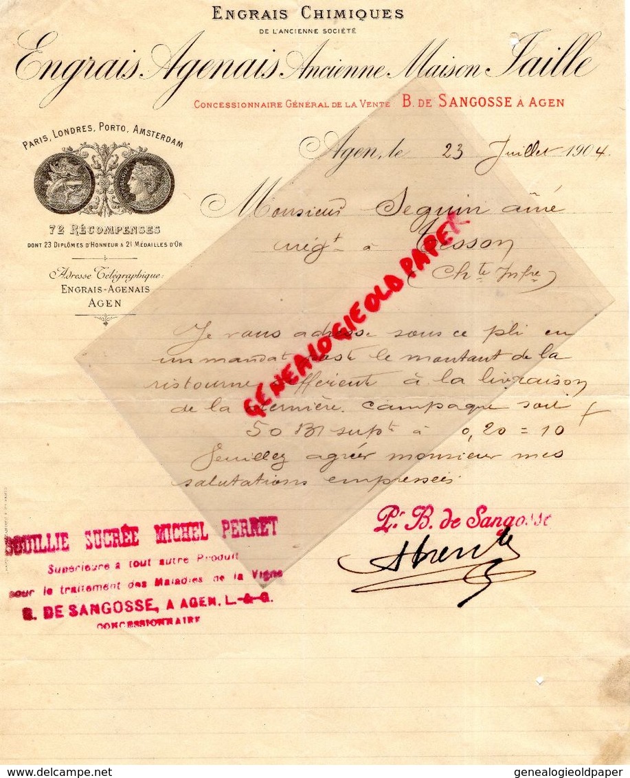 47- AGEN- RARE LETTRE MANUSCRITE SIGNEE B. DE SANGOSSE -MAISON JAILLE-ENGRAIS AGENAIS CHIMIQUES-1904 - Landwirtschaft