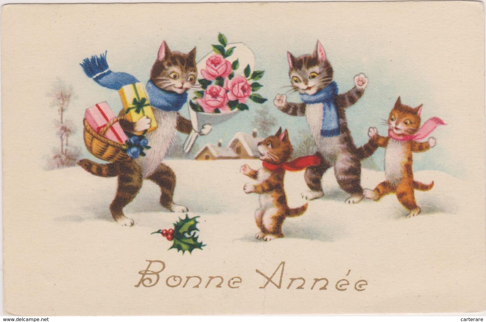 La Bonne Année Avec Les Chats,chatons Porte Bonheur,cat,avec Bouquet De Fleurs,et Cadeaux, - Neujahr