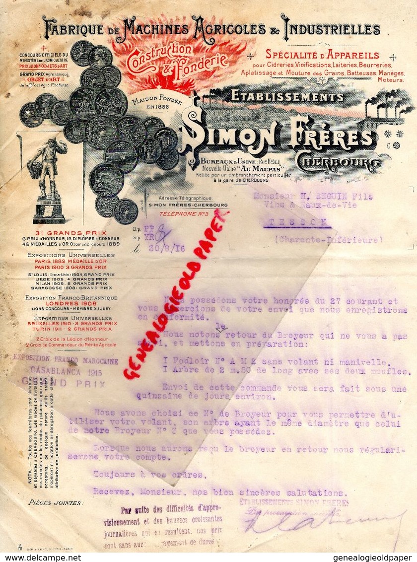 50 - CHERBOURG- FACTURE SIMON FRERES- FABRIQUE MACHINES AGRICOLES INDUSTRIELLES- FONDERIE-LAITERIE-BEURRERIE-1916 - Agriculture