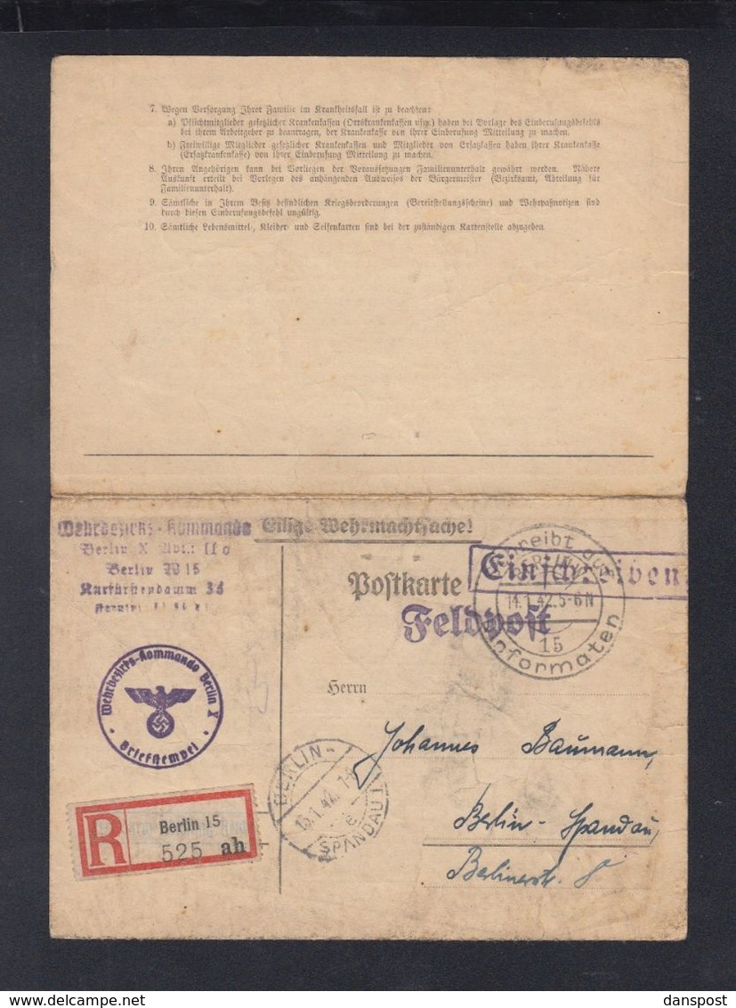 Dt. Reich R-Eilige Wehrmachtssache 1942 Berlin - Storia Postale