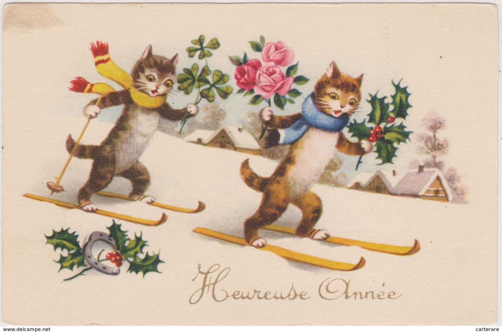 Cpa,la Bonne Et Heureuse Année Avec Les Chats, Sport D'hiver,chaton,chat,cat,f Aisant Du Ski ,en Décente Avec Fleurs,rar - Chats