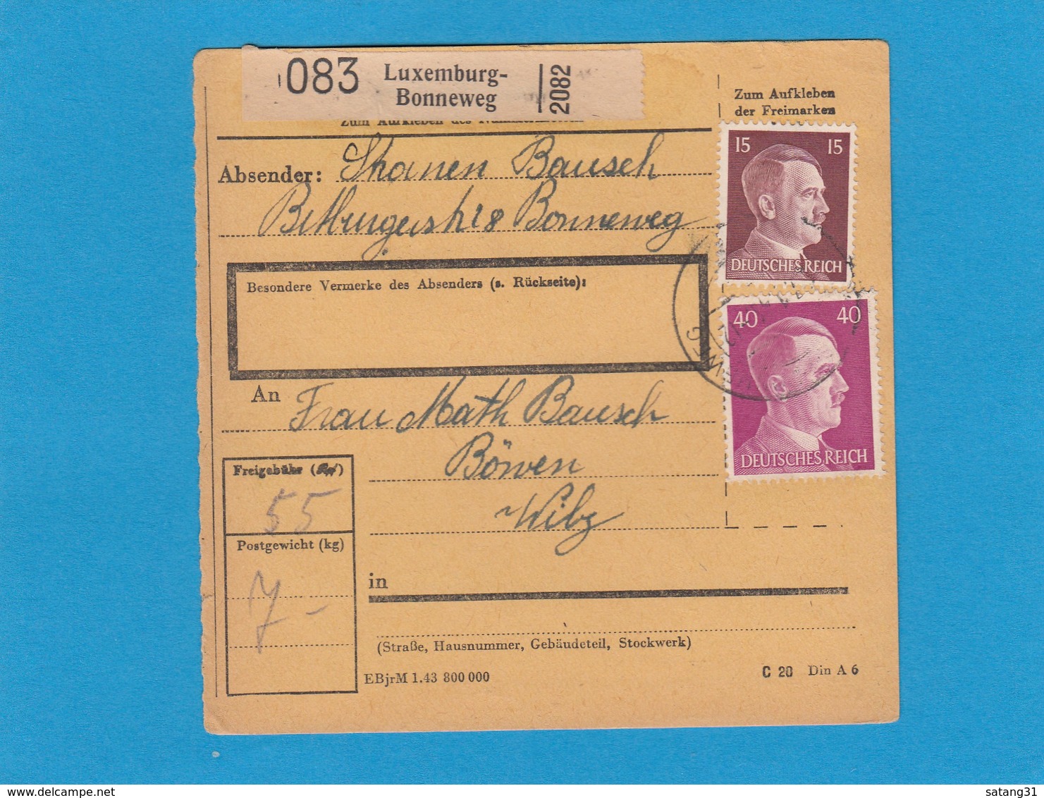 PAKETKARTE VON LUXEMBURG-BONNEWEG NACH WILZ. - 1940-1944 Deutsche Besatzung