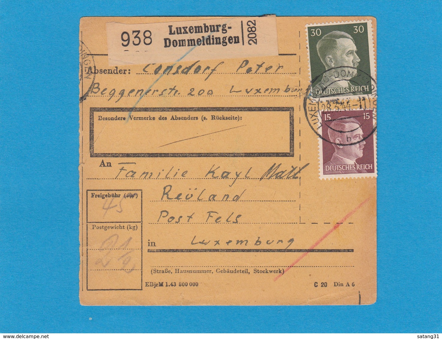 PAKETKARTE VON LUXEMBURG-DOMMELDINGEN NACH REULAND(FELS). - 1940-1944 Deutsche Besatzung