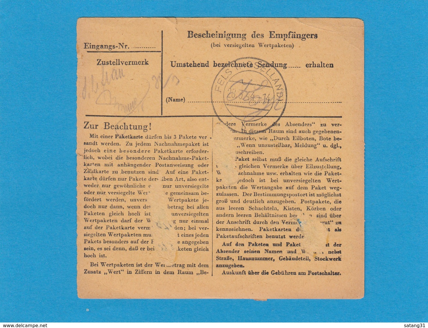 PAKETKARTE VON LUXEMBURG-DOMMELDINGEN NACH REULAND(FELS). - 1940-1944 Deutsche Besatzung