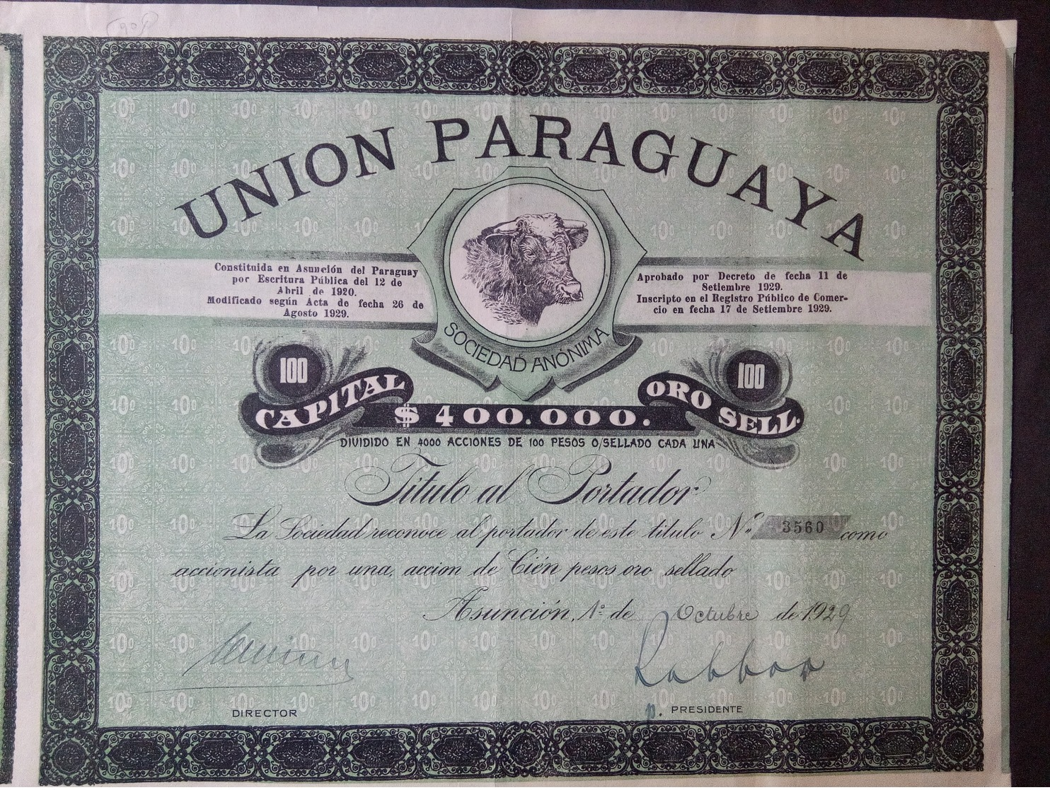 1  Titule  UNION   Paraguaya   100 Pesos OR 1920 + Coupons - Andere & Zonder Classificatie