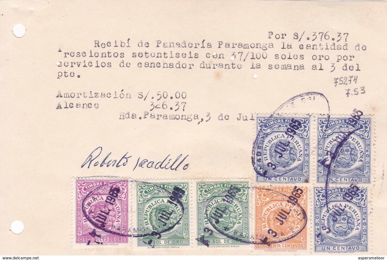 RECIBO PERU REPUBLICA PERUANA PANADERIA PARAMONGA AÑO 1965 TIMBRE FISCAL STAMP DUTY-TBE-BLEUP - Peru