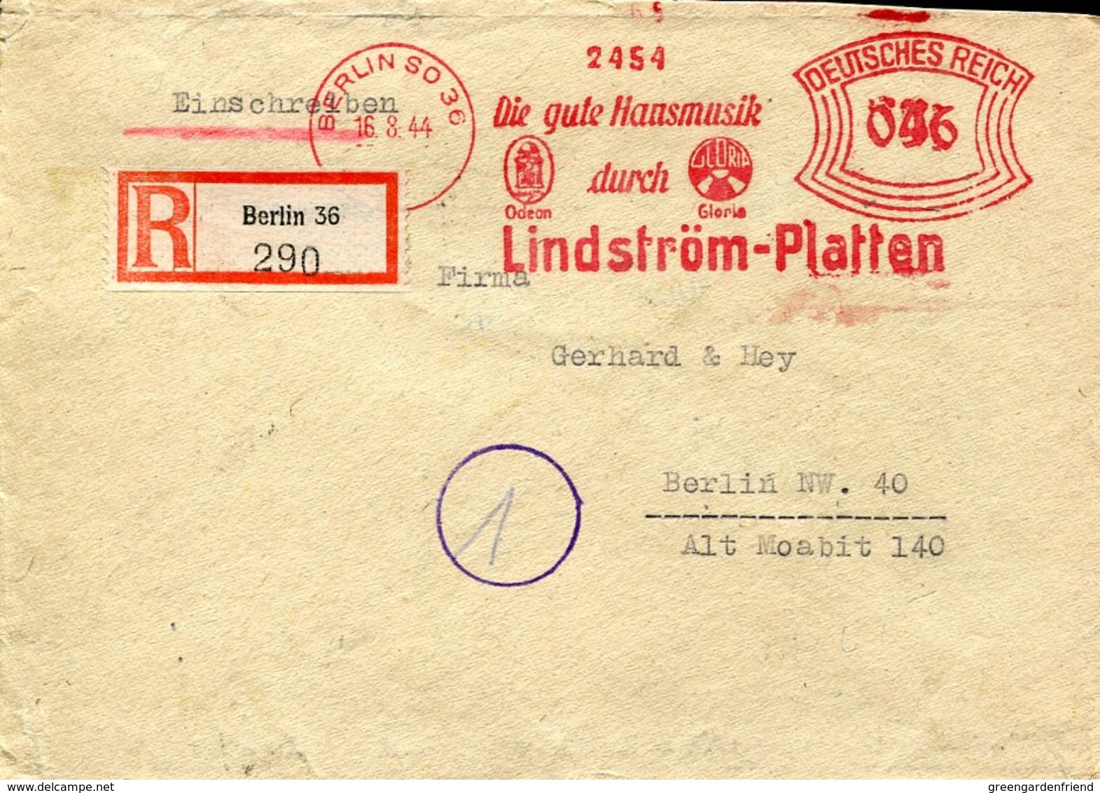 32036 Germany Reich,red Meter/freistempel/ema/berlin 1944 Lindstrom Platten Musik Odeon,registered Circuled - Música