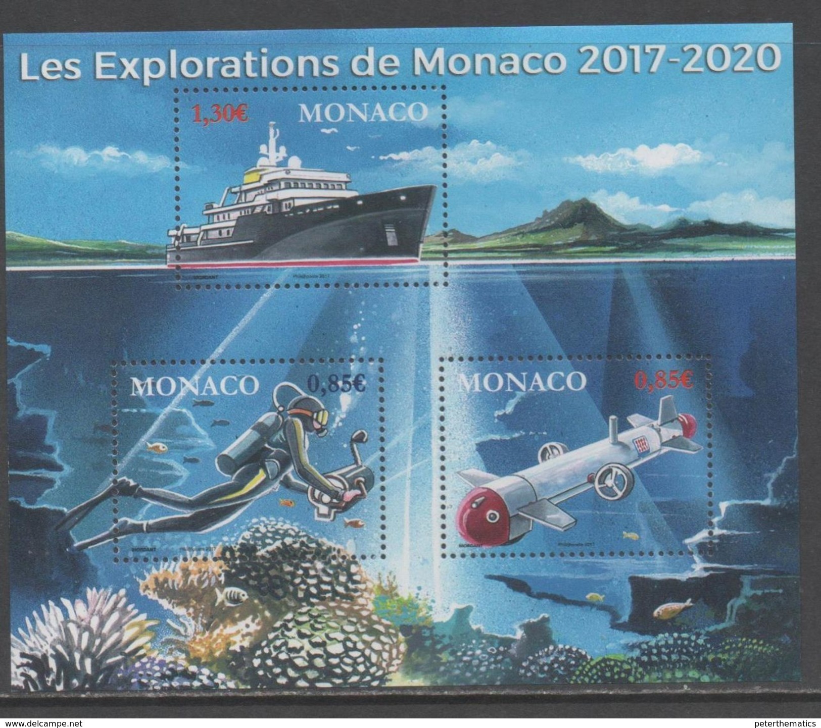 MONACO, 2017, MNH, UNDERWATER EXPLORATION, SHIPS, CORALS, FISH, S/SHEET - Marine Life