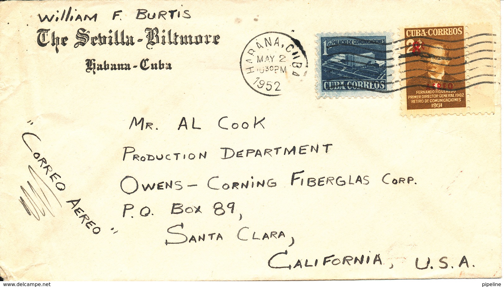 Cuba Cover Sent To USA Habana 2-5-1952 With Overprinted Stamp - Covers & Documents