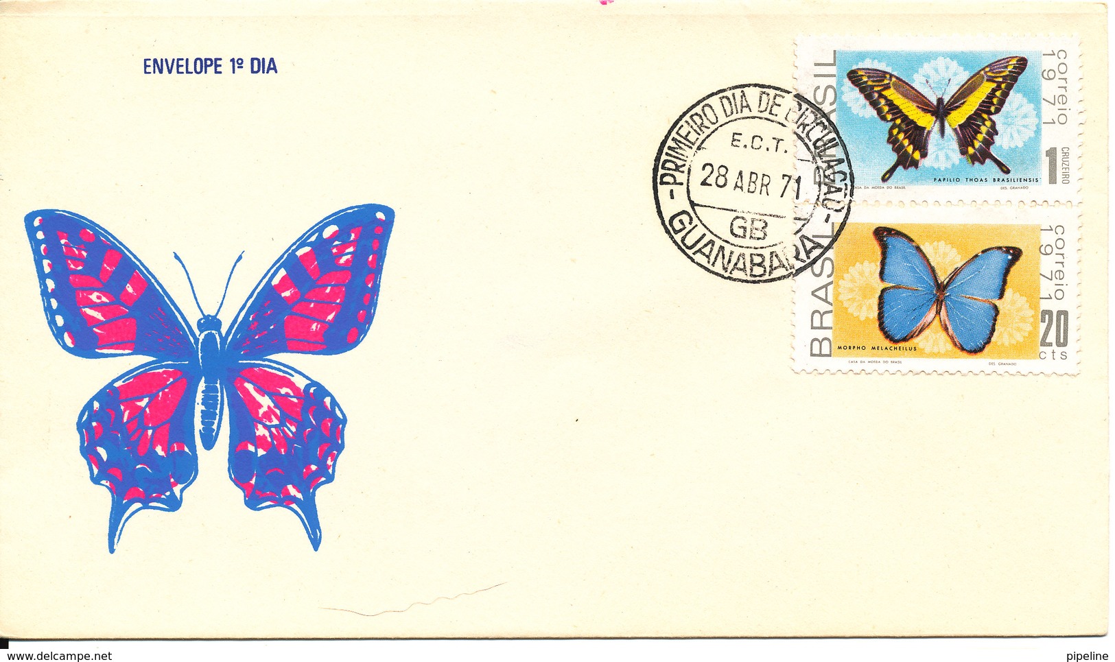 Brazil FDC 28-4-1971 Set Of 2 BUTTERFLIES With Cachet - FDC