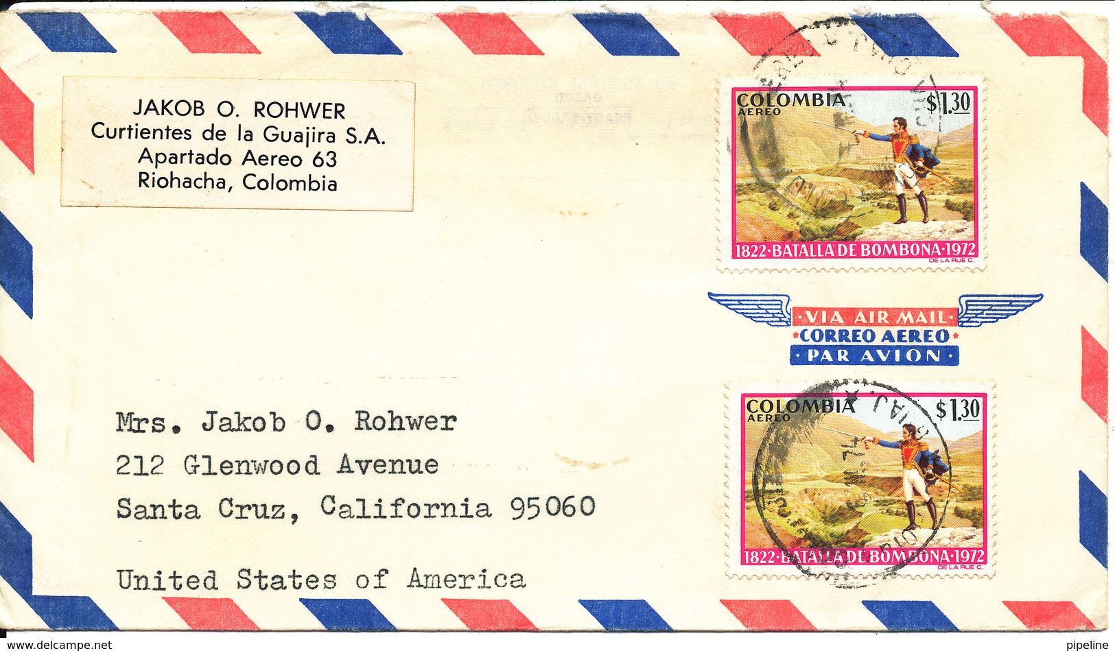 Colombia Air Mail Cover Sent To USA 1974 Topic Stamps - Colombie