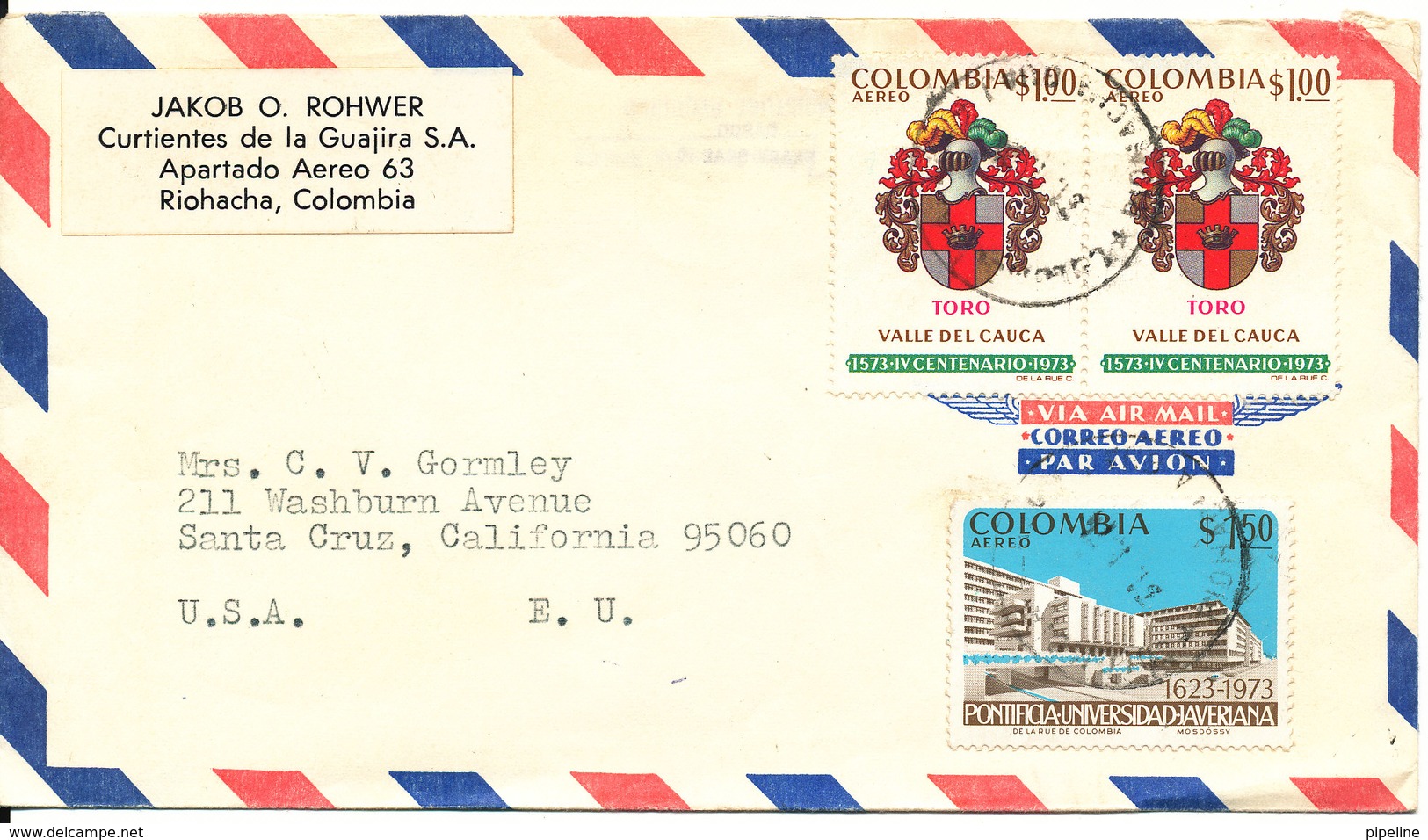 Colombia Air Mail Cover Sent To USA 1974 Topic Stamps - Colombia