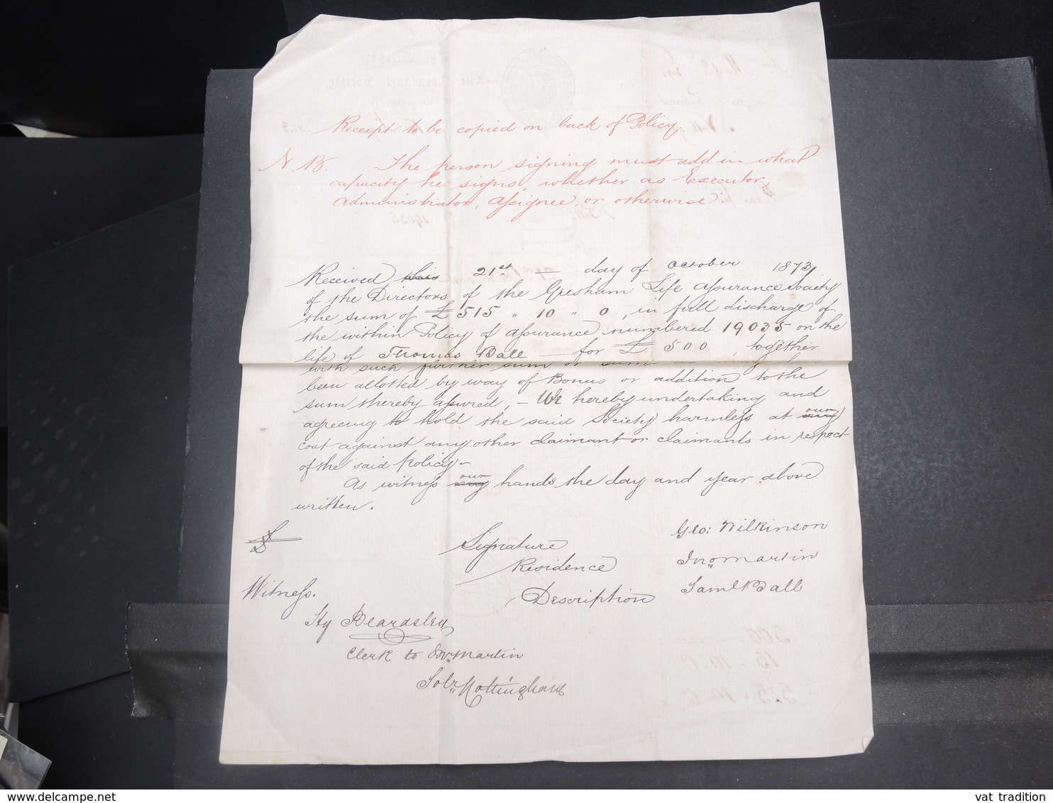 VIEUX PAPIERS  - GRANDE BRETAGNE - Papier D 'Assurance De Nottingham  En 1873 - L 15158 - Collections